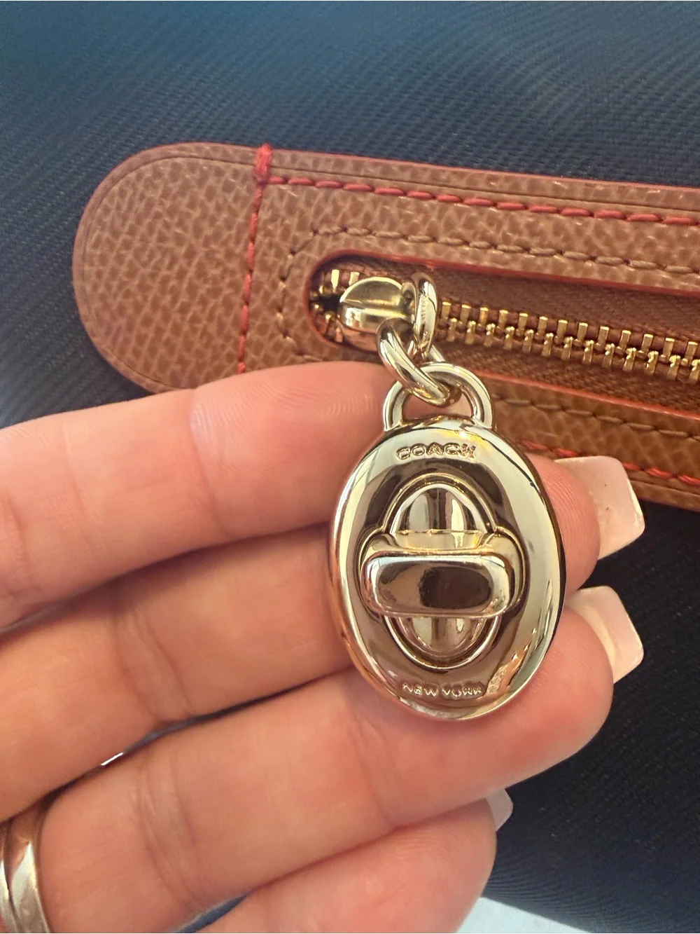 COACH Sawyer Navy Nylon Crossbody Bag with Tan leather Trim and red accents